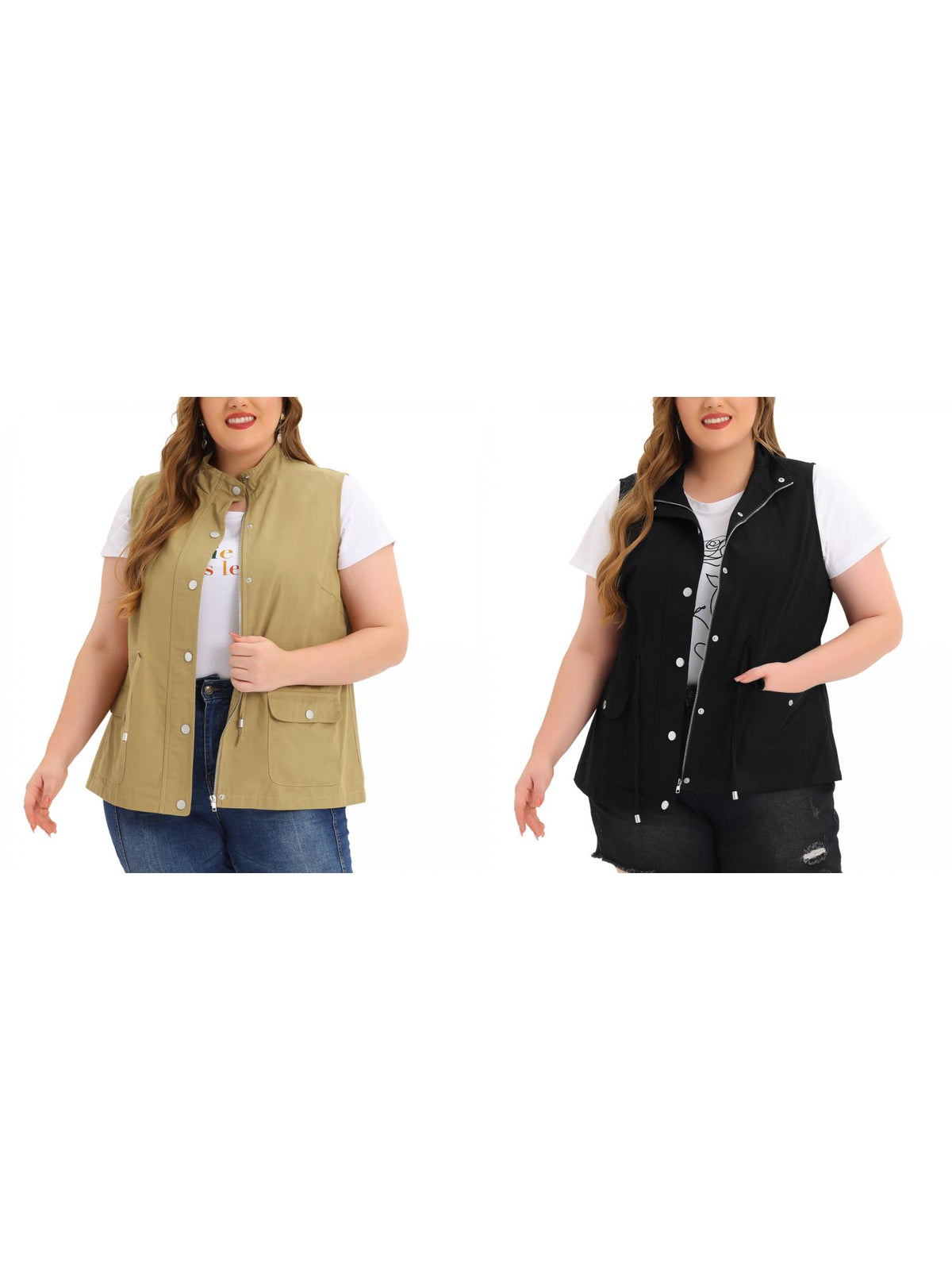 [PACK SALES] Women's Plus Size 2 Pieces Cargo Pocket Drawstring Waist Vest Jacket
