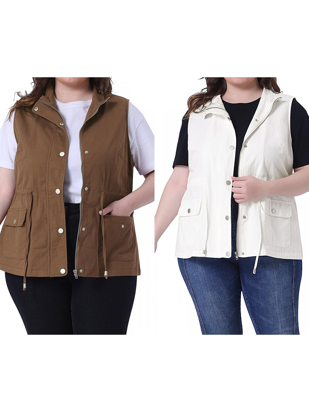 [PACK SALES] Women's Plus Size 2 Pieces Cargo Pocket Drawstring Waist Vest Jacket