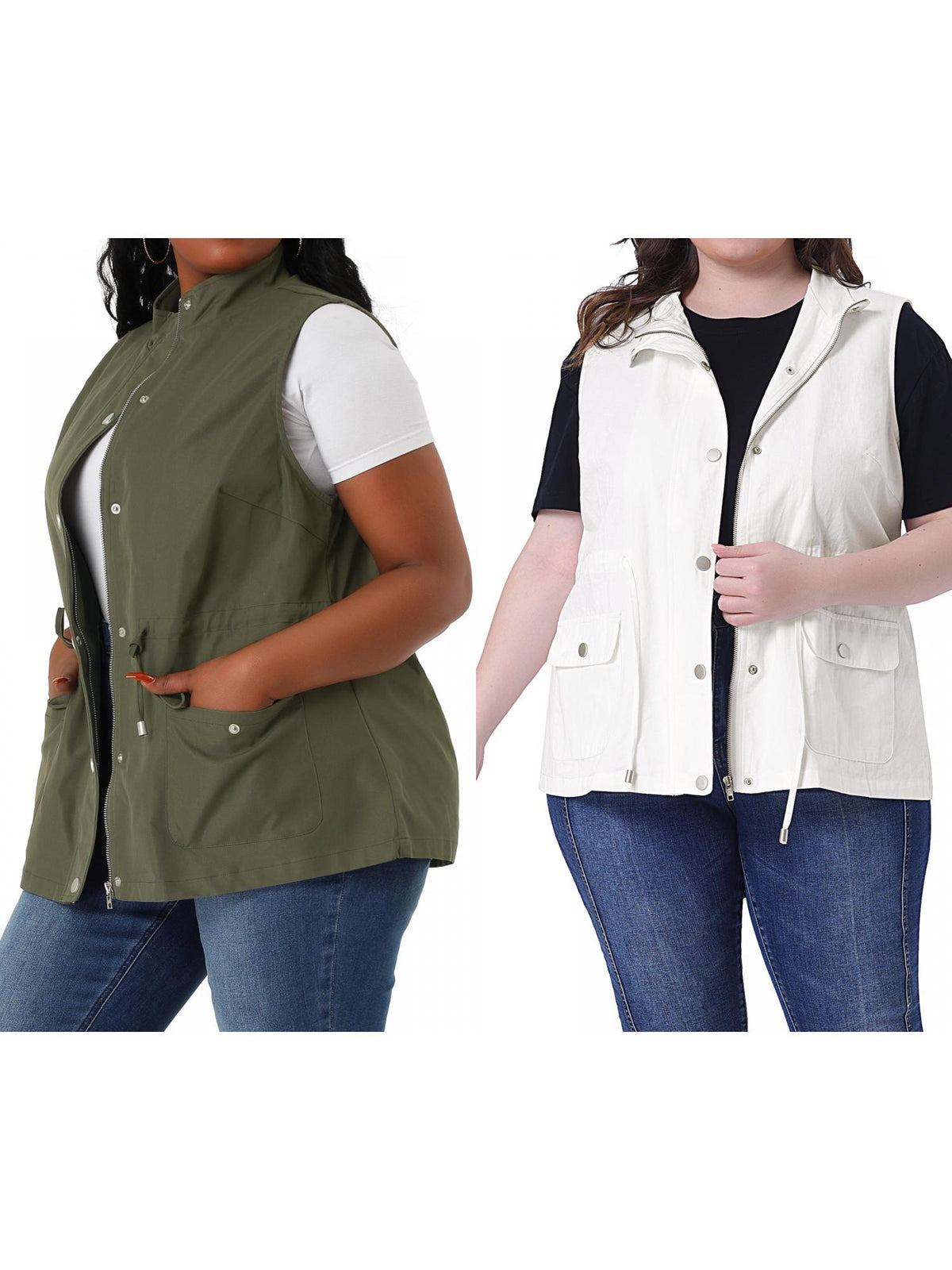 [PACK SALES] Women's Plus Size 2 Pieces Cargo Pocket Drawstring Waist Vest Jacket