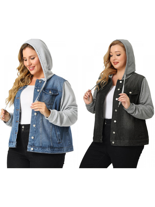 [PACK SALES] Women's Plus Size 2 Pieces Layered Drawstring Hood Denim Jacket with Pockets