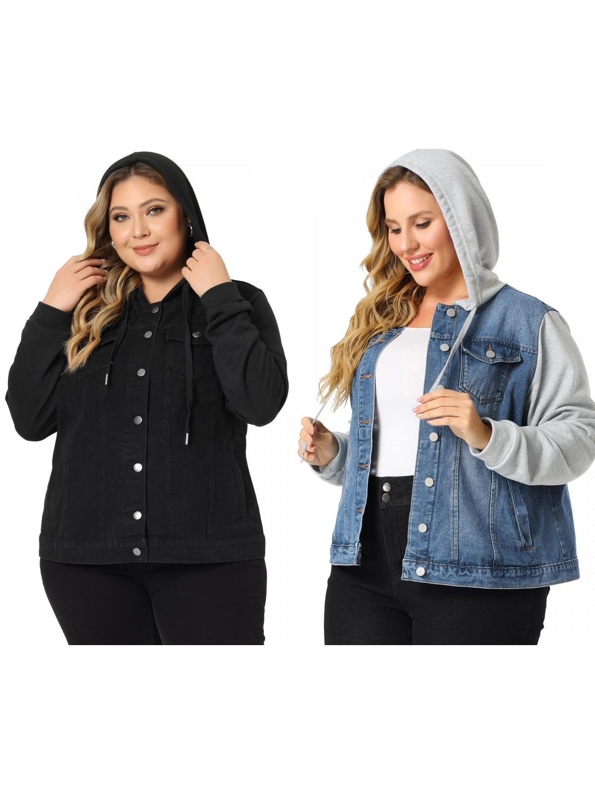 [PACK SALES] Women's Plus Size 2 Pieces Layered Drawstring Hood Denim Jacket with Pockets