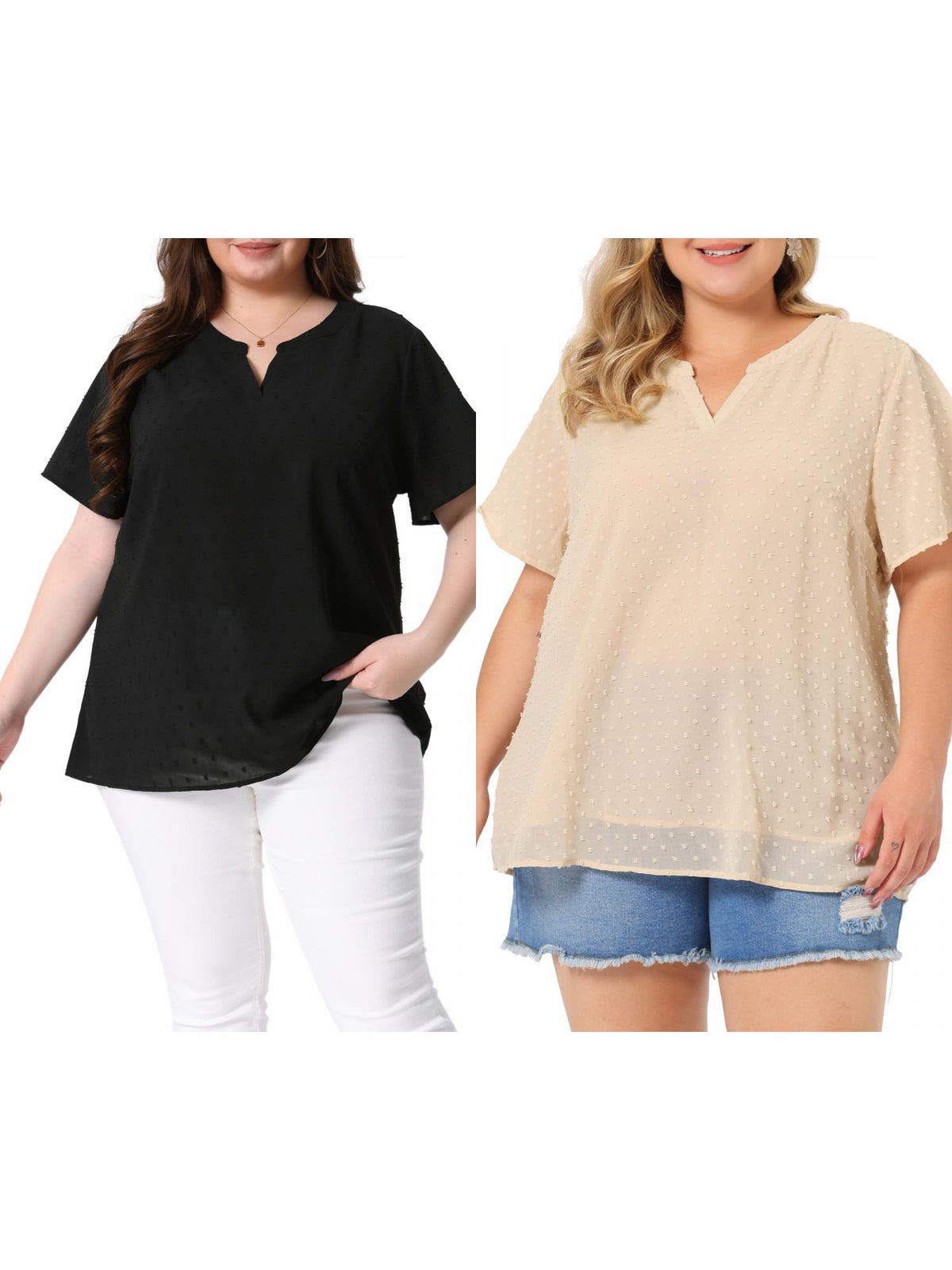 [PACK SALES] Women's Plus Size 2 Pieces Summer Pin Dots Short Sleeve Notched Neck Blouse