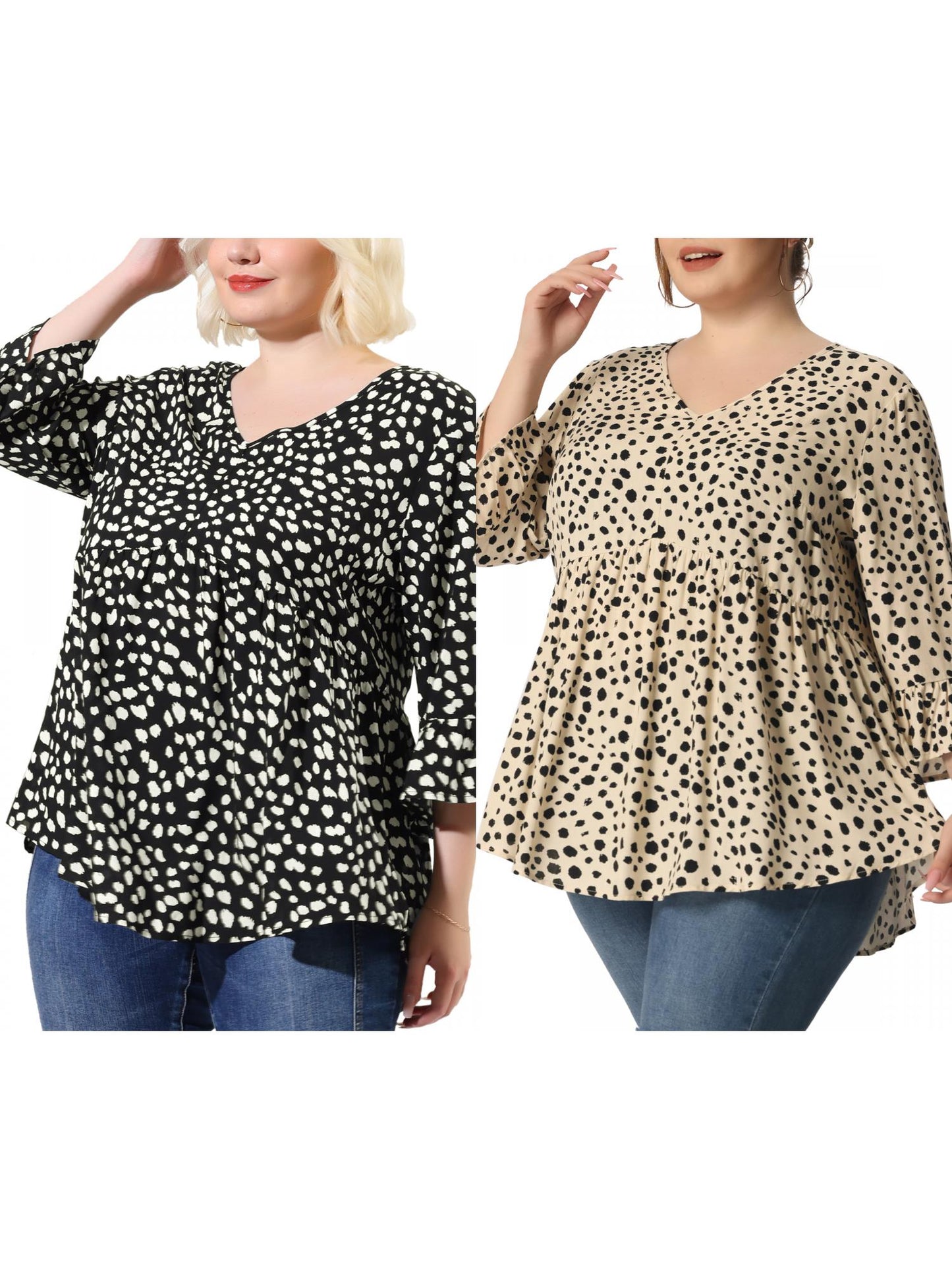[PACK SALES] Women Plus Size 2 Pieces Blouse Babydoll Polka Dots 3/4 Sleeve Peplum Tops