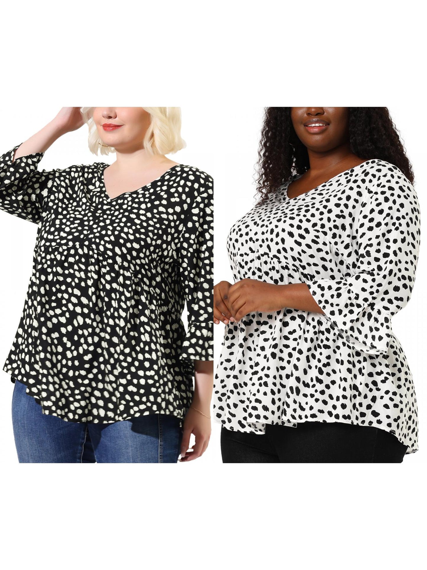 [PACK SALES] Women Plus Size 2 Pieces Blouse Babydoll Polka Dots 3/4 Sleeve Peplum Tops