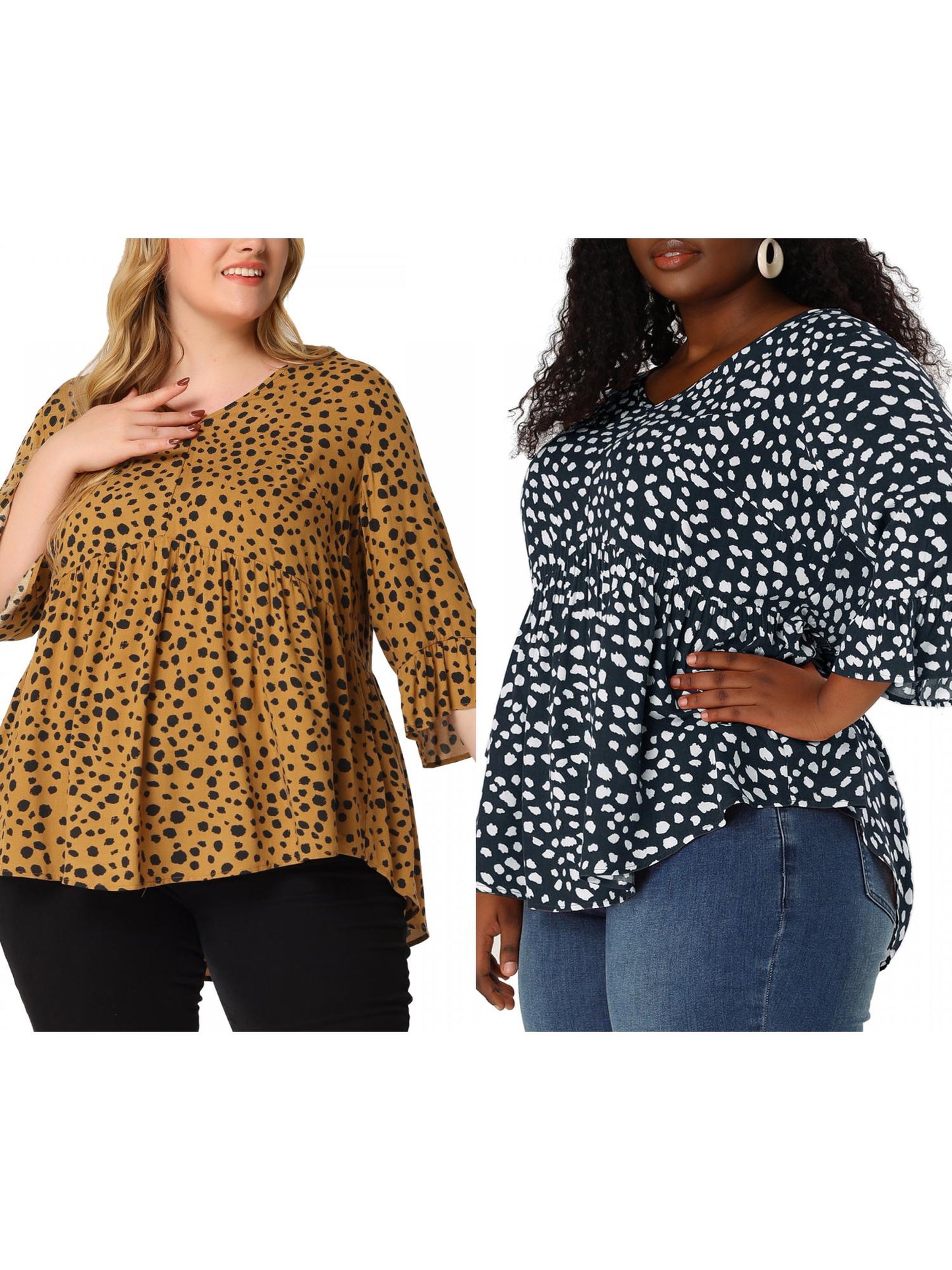 [PACK SALES] Women Plus Size 2 Pieces Blouse Babydoll Polka Dots 3/4 Sleeve Peplum Tops