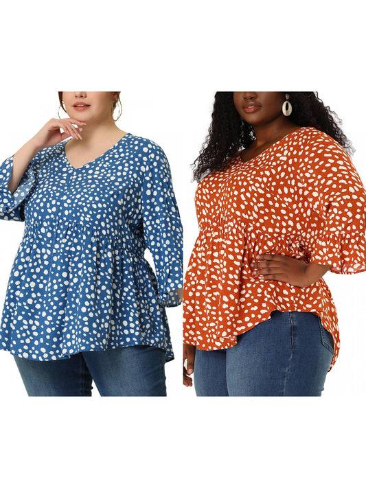 [PACK SALES] Women Plus Size 2 Pieces Blouse Babydoll Polka Dots 3/4 Sleeve Peplum Tops