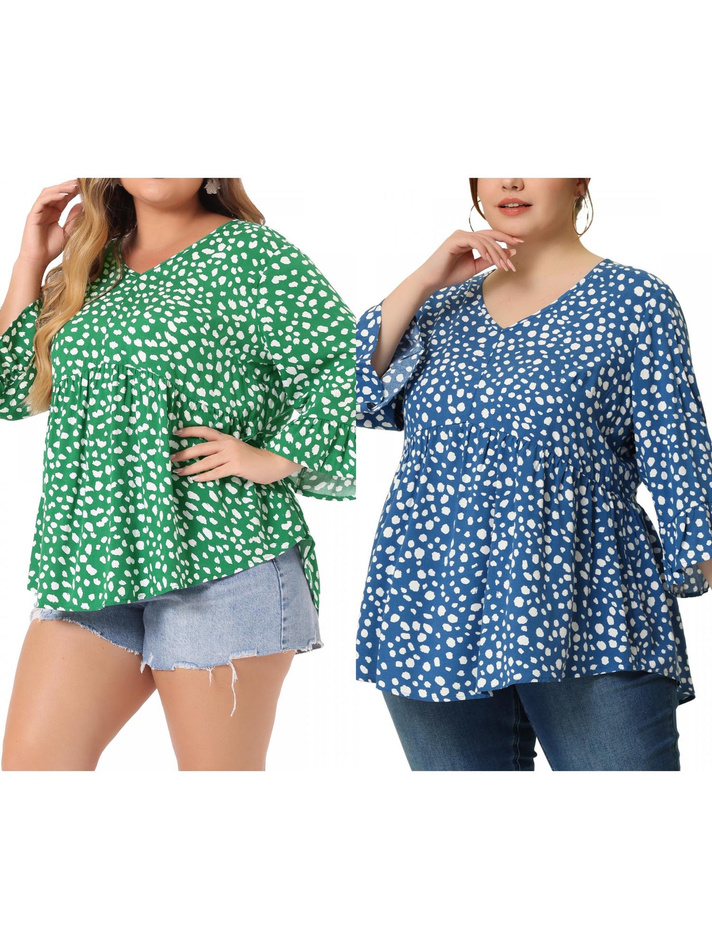 [PACK SALES] Women Plus Size 2 Pieces Blouse Babydoll Polka Dots 3/4 Sleeve Peplum Tops