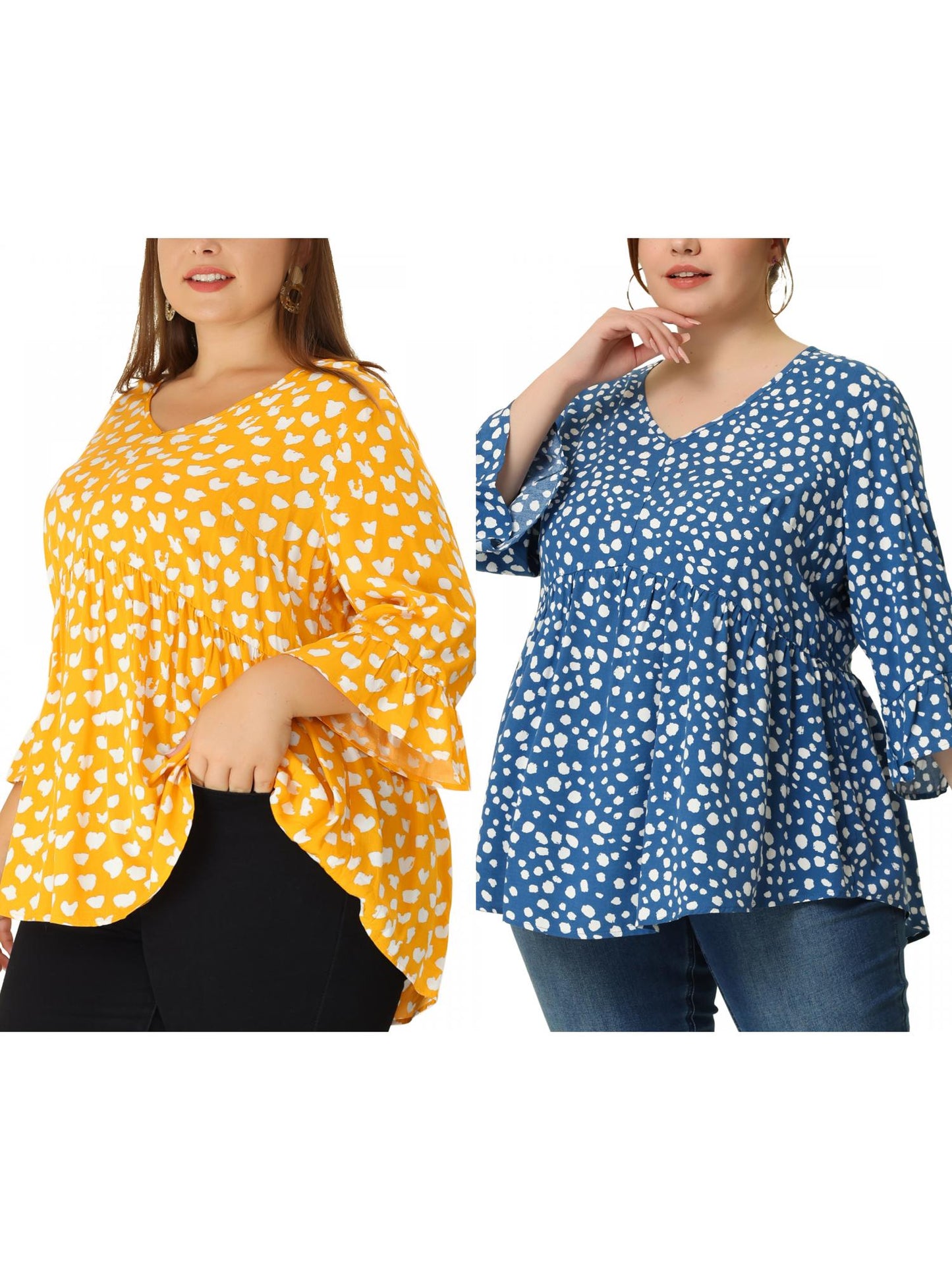 [PACK SALES] Women Plus Size 2 Pieces Blouse Babydoll Polka Dots 3/4 Sleeve Peplum Tops