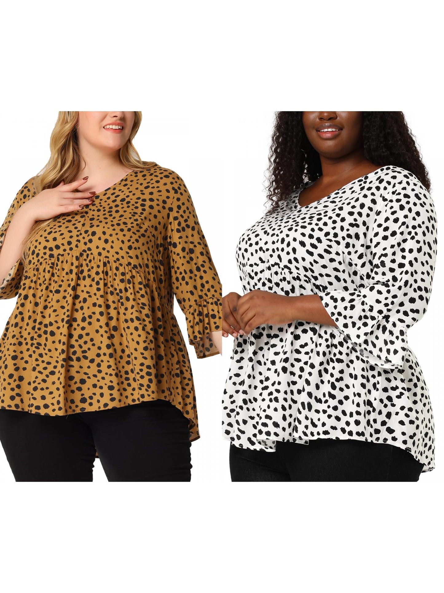 [PACK SALES] Women Plus Size 2 Pieces Blouse Babydoll Polka Dots 3/4 Sleeve Peplum Tops