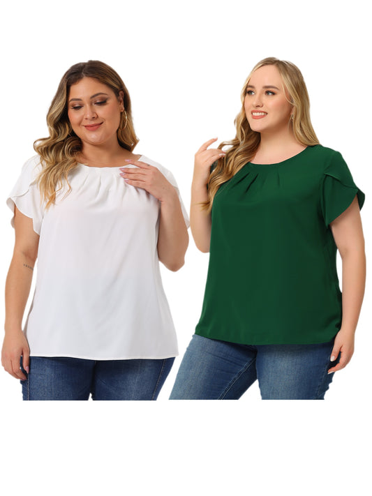 [PACK SALES] Women's Plus Size 2 Pieces Work Pleated Short Sleeve Round Neck Tulip Sleeves Blouses