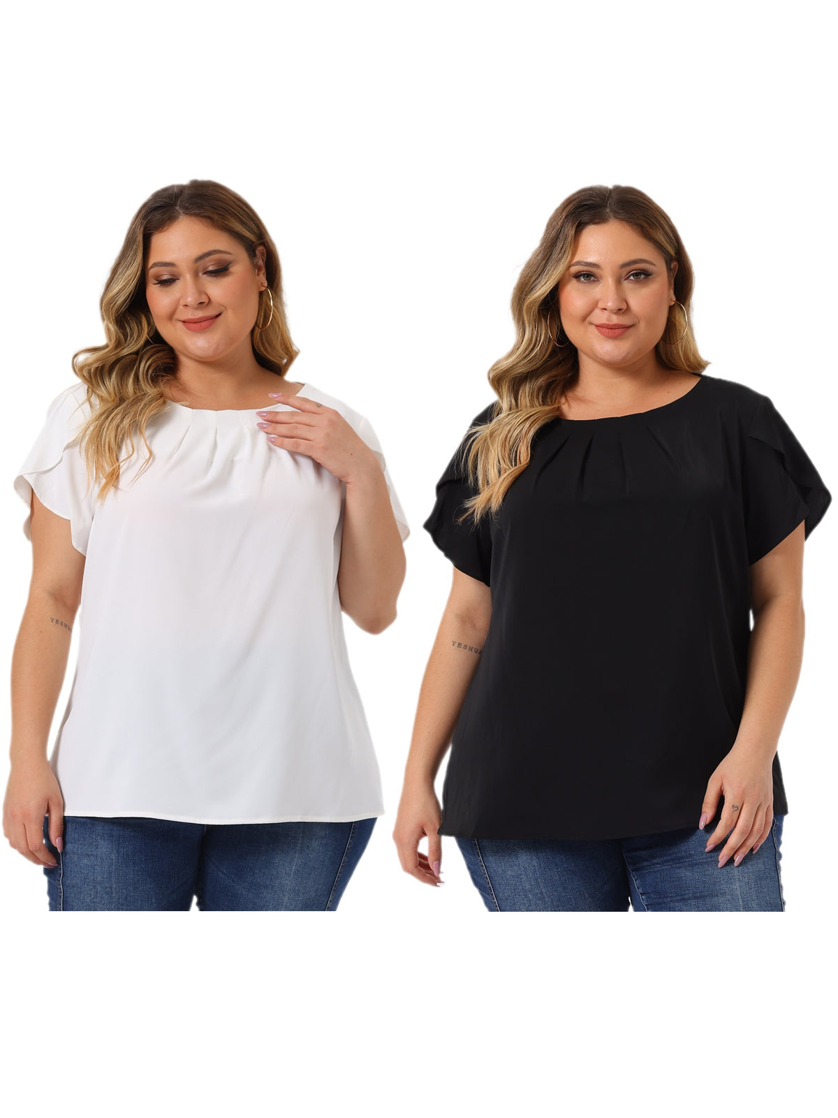 [PACK SALES] Women's Plus Size 2 Pieces Work Pleated Short Sleeve Round Neck Tulip Sleeves Blouses