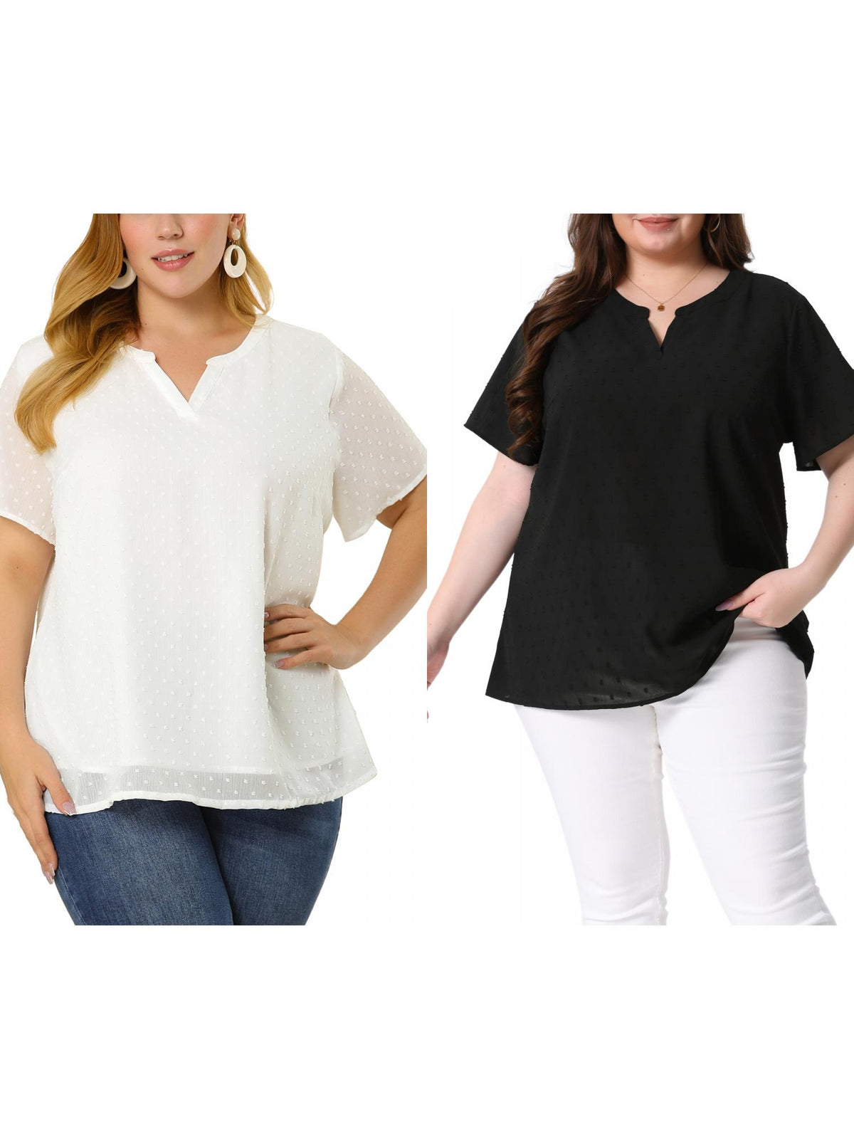 [PACK SALES] Women's Plus Size 2 Pieces Summer Pin Dots Short Sleeve Notched Neck Blouse