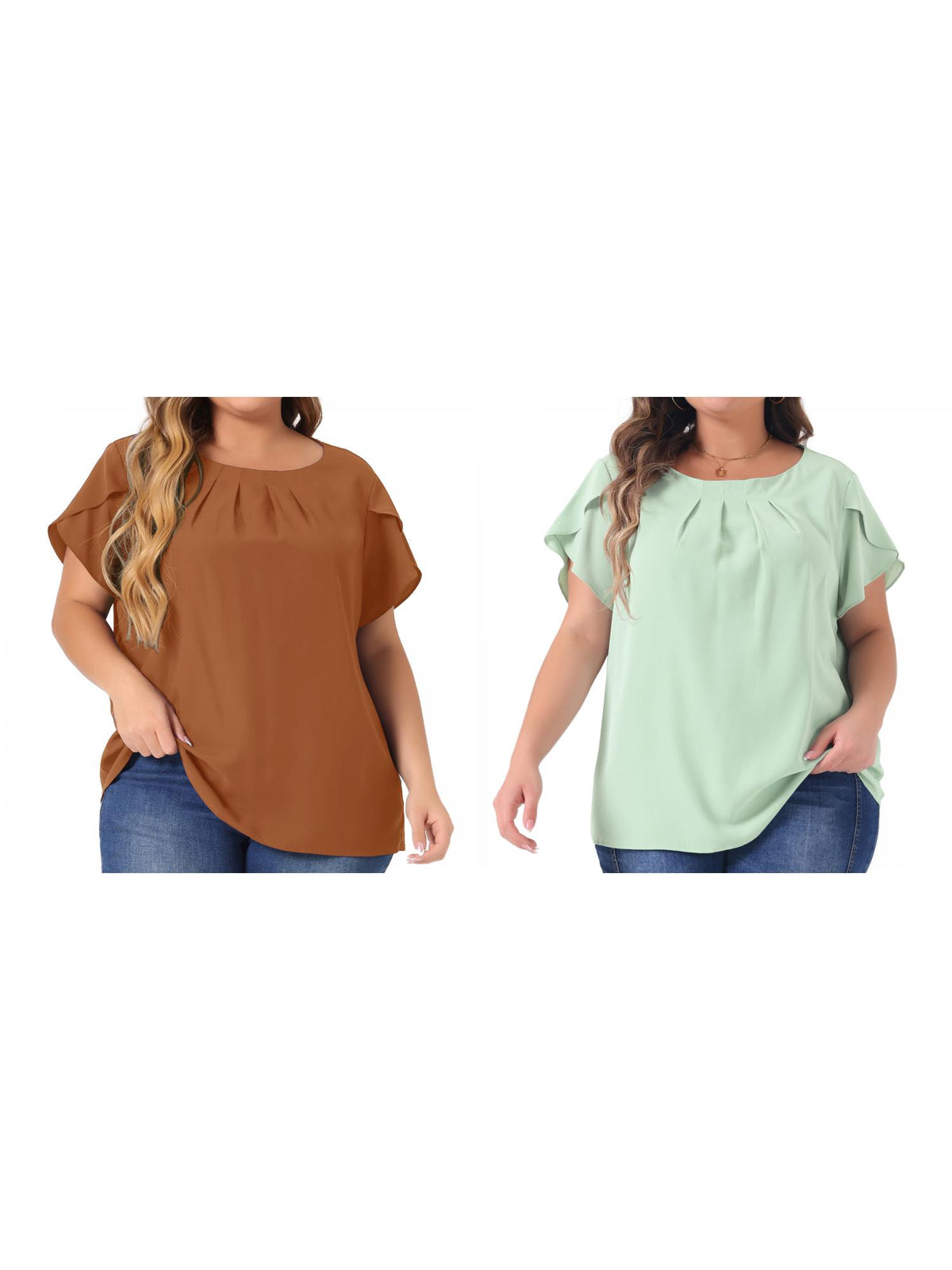 [PACK SALES] Women's Plus Size 2 Pieces Work Pleated Short Sleeve Round Neck Tulip Sleeves Blouses