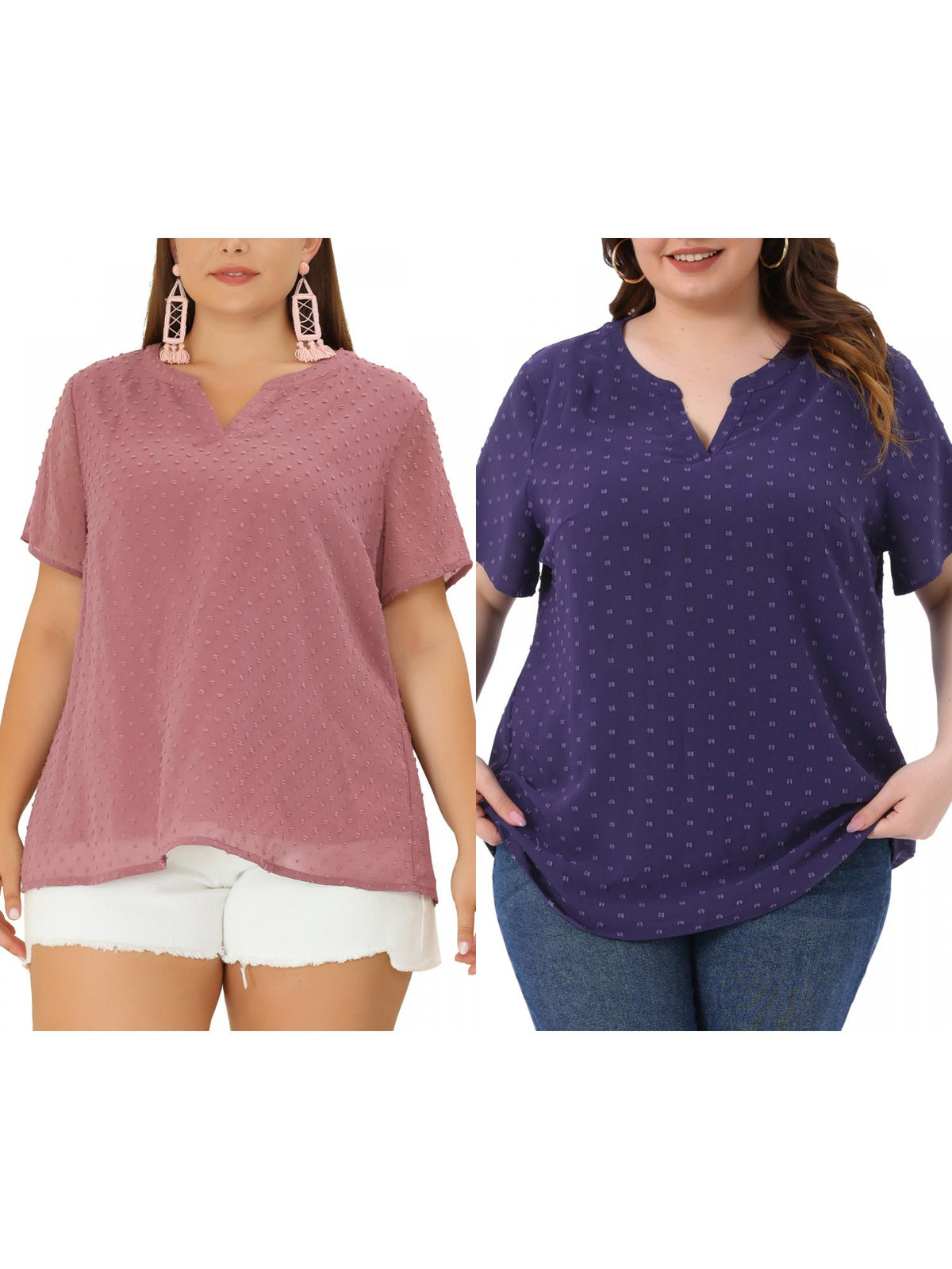 [PACK SALES] Women's Plus Size 2 Pieces Summer Pin Dots Short Sleeve Notched Neck Blouse