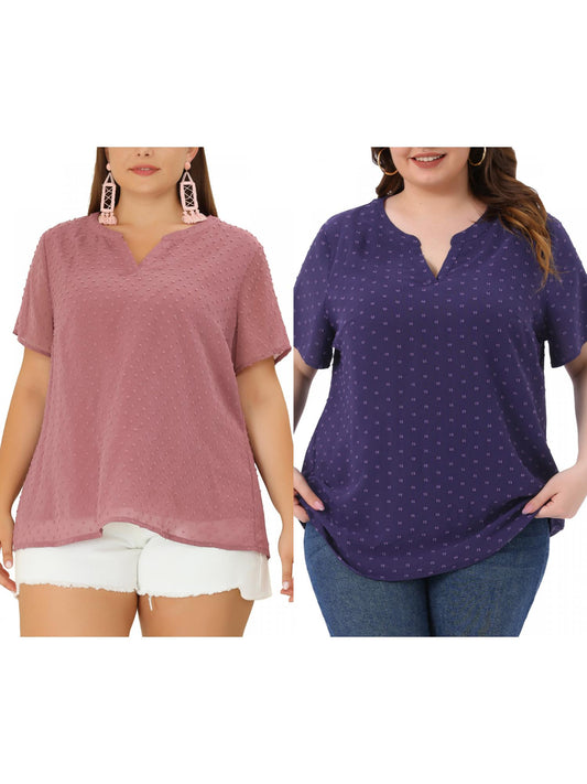 [PACK SALES] Women's Plus Size 2 Pieces Summer Pin Dots Short Sleeve Notched Neck Blouse