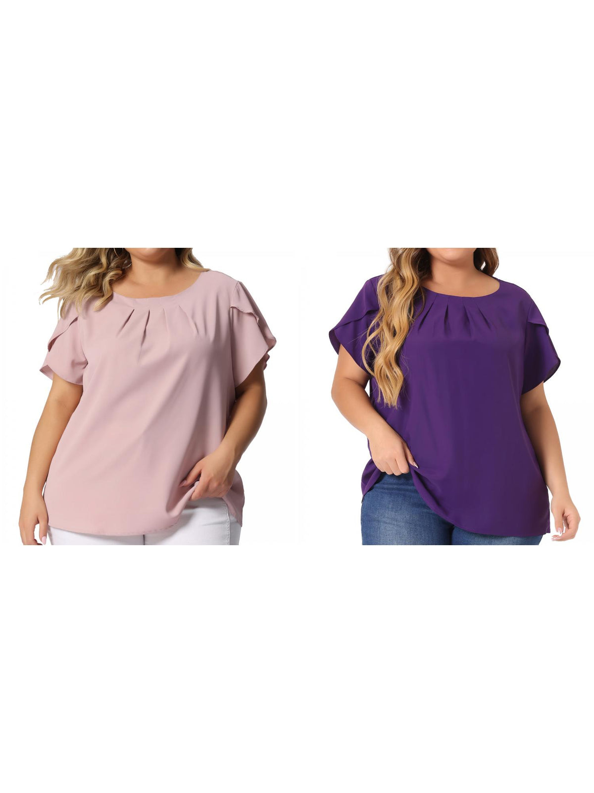 [PACK SALES] Women's Plus Size 2 Pieces Work Pleated Short Sleeve Round Neck Tulip Sleeves Blouses