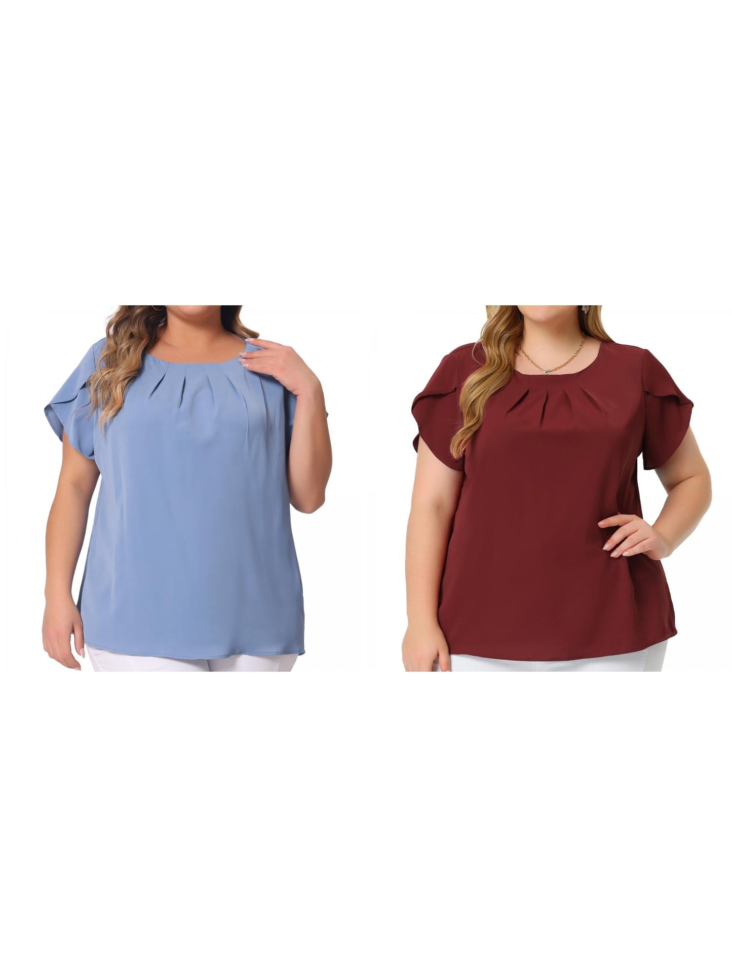 [PACK SALES] Women's Plus Size 2 Pieces Work Pleated Short Sleeve Round Neck Tulip Sleeves Blouses