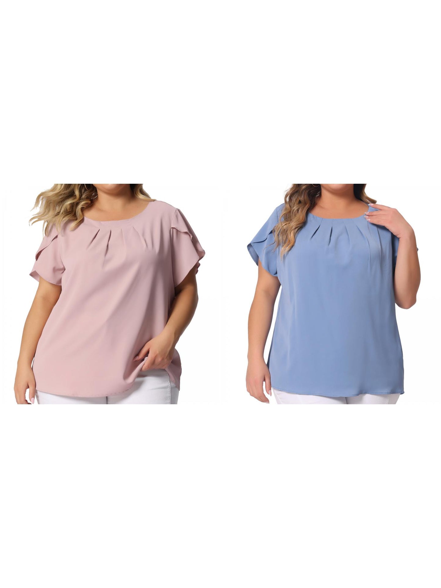 [PACK SALES] Women's Plus Size 2 Pieces Work Pleated Short Sleeve Round Neck Tulip Sleeves Blouses