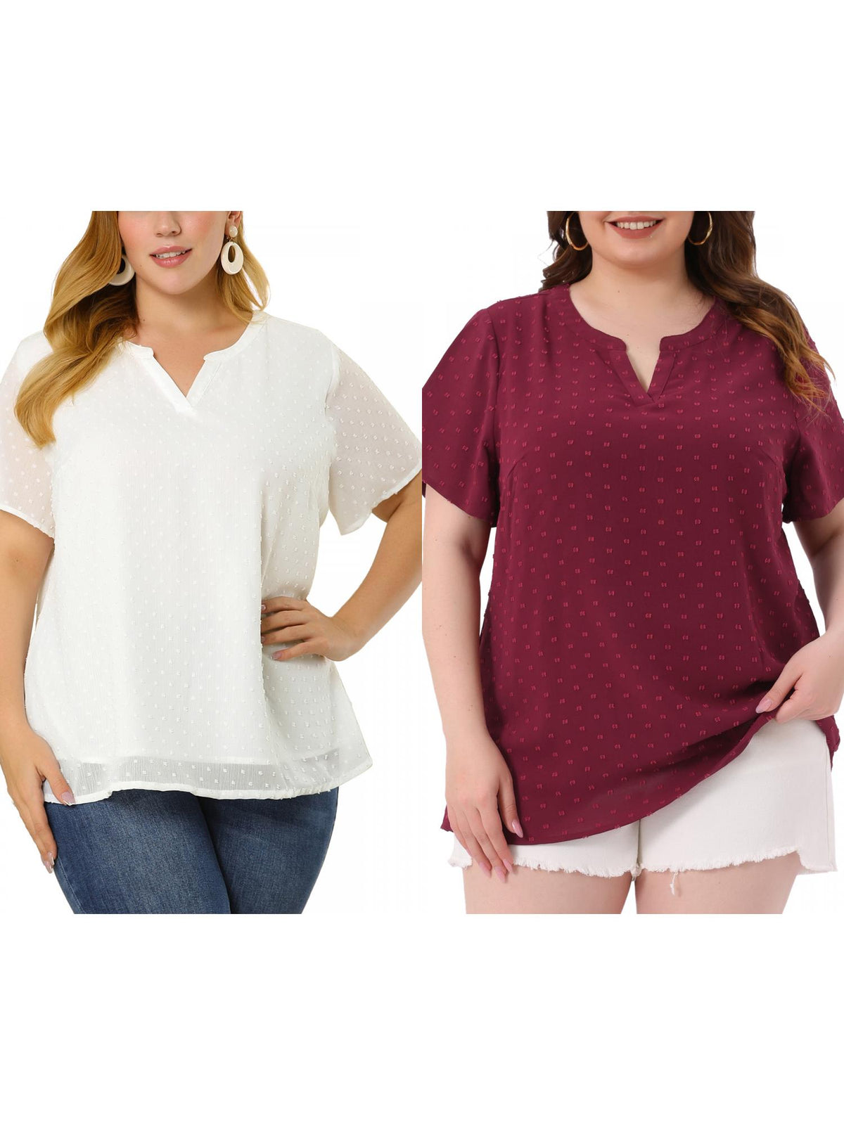 [PACK SALES] Women's Plus Size 2 Pieces Summer Pin Dots Short Sleeve Notched Neck Blouse