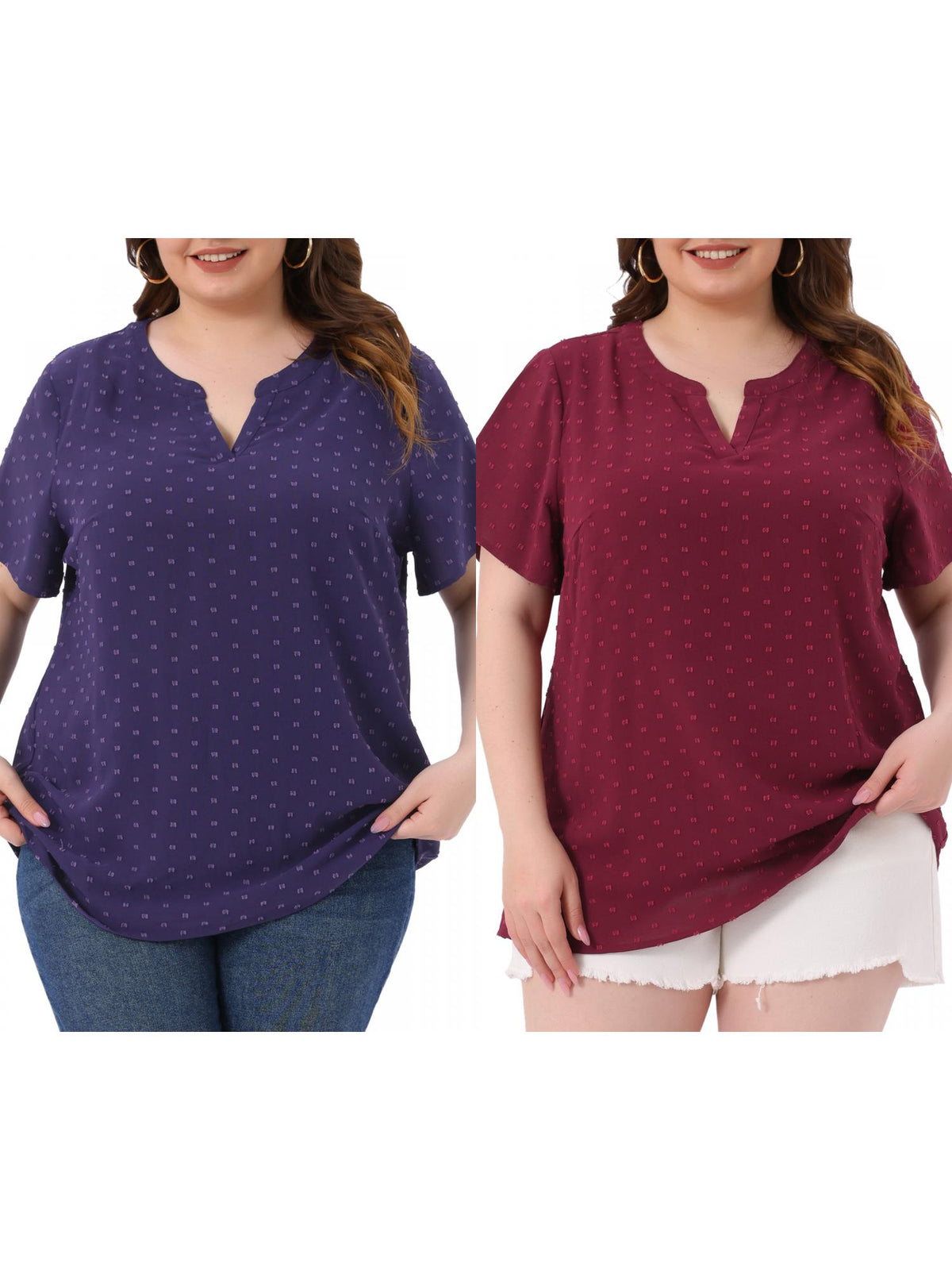 [PACK SALES] Women's Plus Size 2 Pieces Summer Pin Dots Short Sleeve Notched Neck Blouse