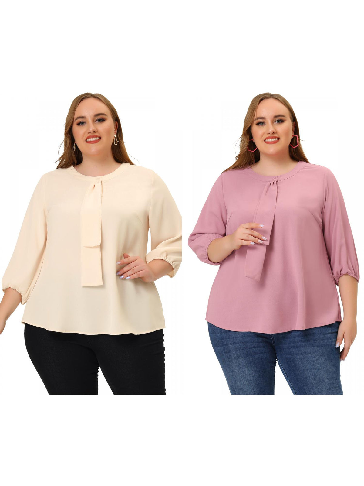 [PACK SALES] Women's Plus Size 2 Pieces Work Formal 3/4 Sleeve Solid Chiffon Blouse