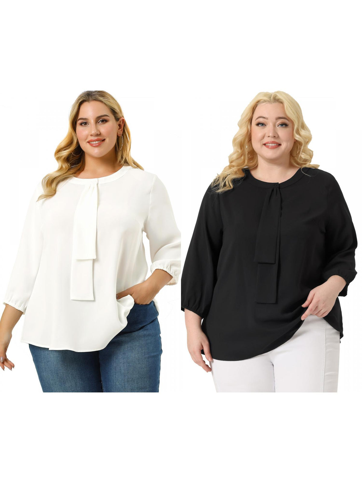 [PACK SALES] Women's Plus Size 2 Pieces Work Formal 3/4 Sleeve Solid Chiffon Blouse