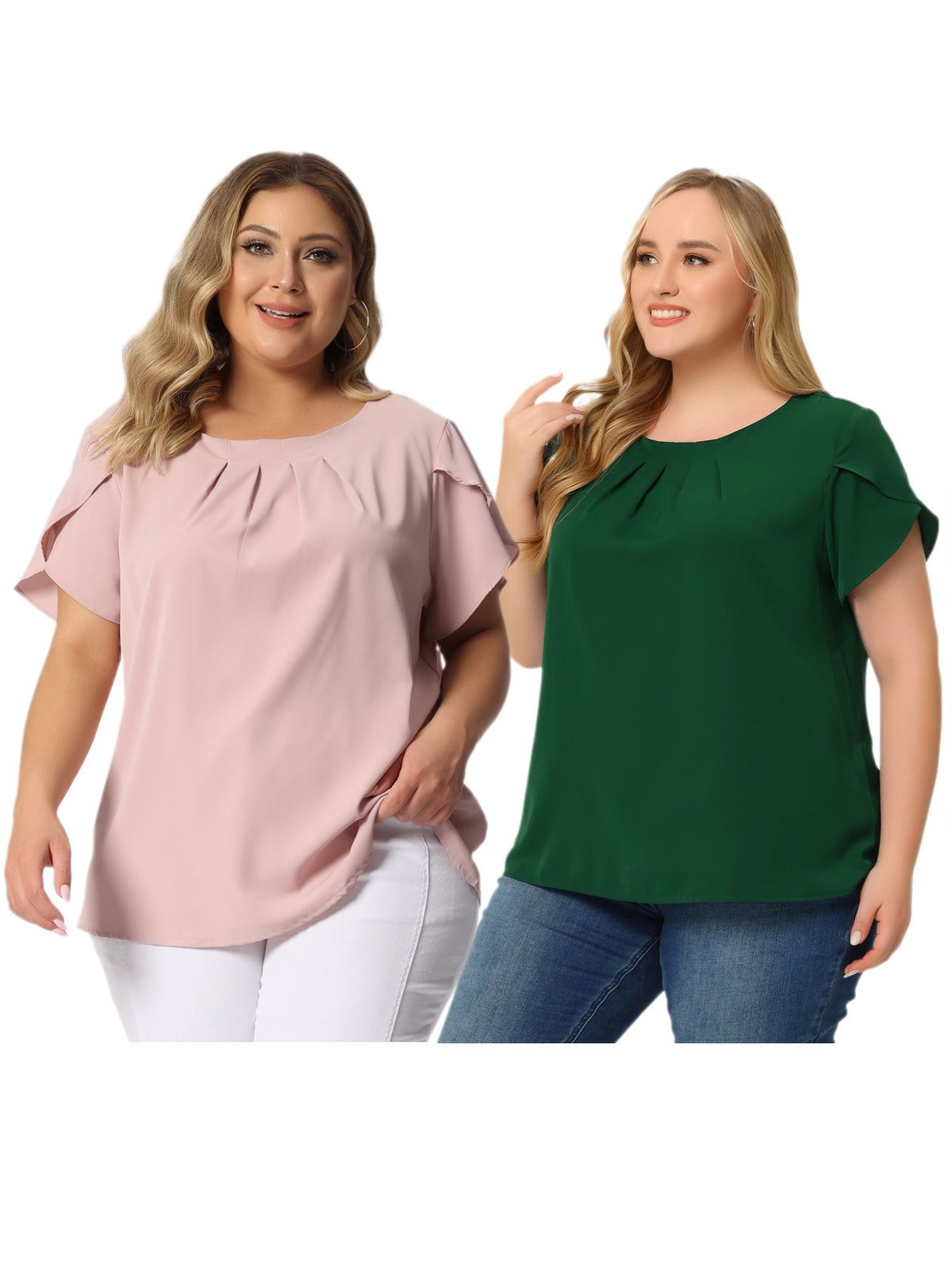 [PACK SALES] Women's Plus Size 2 Pieces Work Pleated Short Sleeve Round Neck Tulip Sleeves Blouses