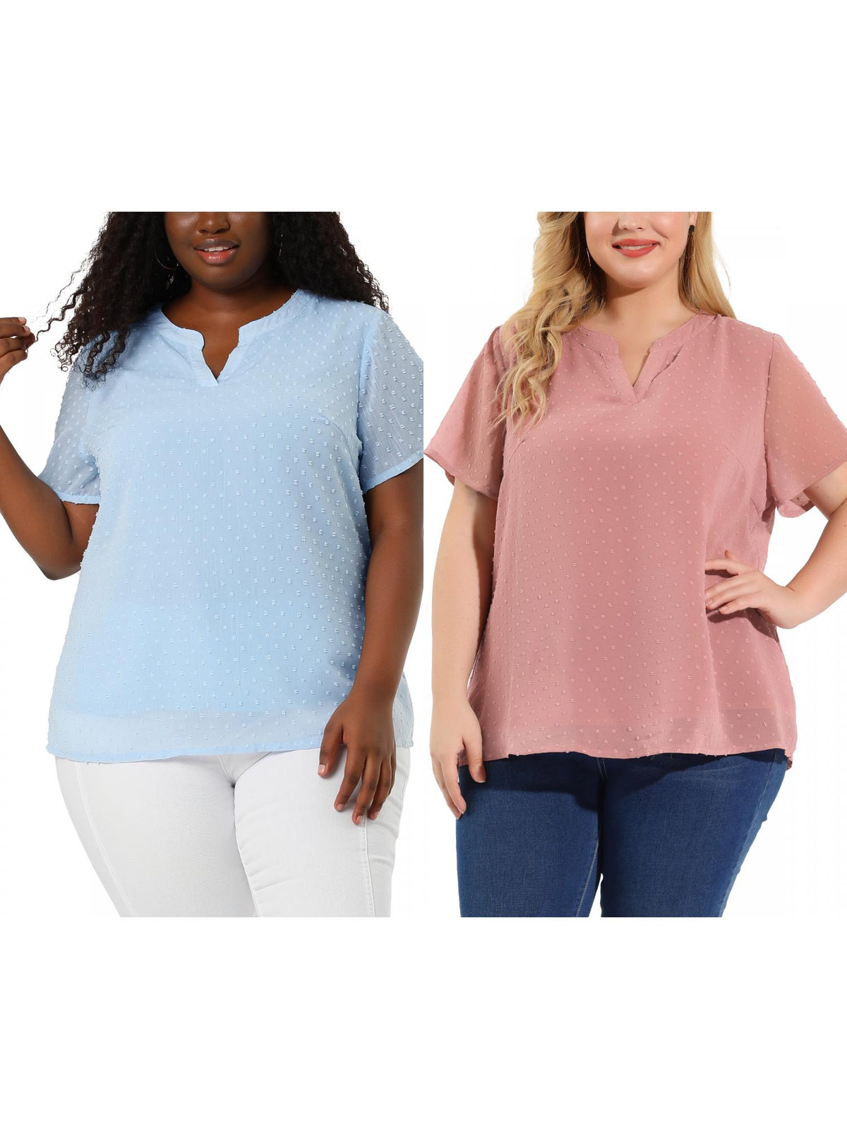 [PACK SALES] Women's Plus Size 2 Pieces Summer Pin Dots Short Sleeve Notched Neck Blouse