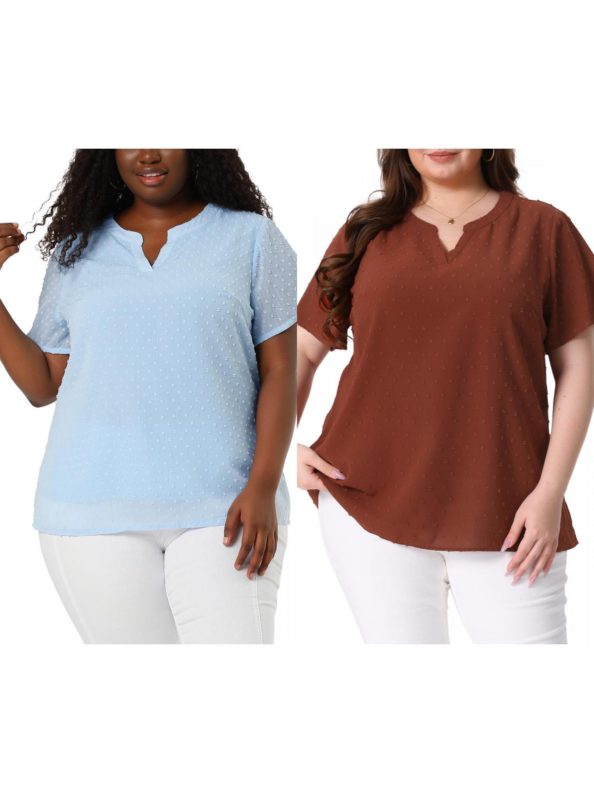 [PACK SALES] Women's Plus Size 2 Pieces Summer Pin Dots Short Sleeve Notched Neck Blouse