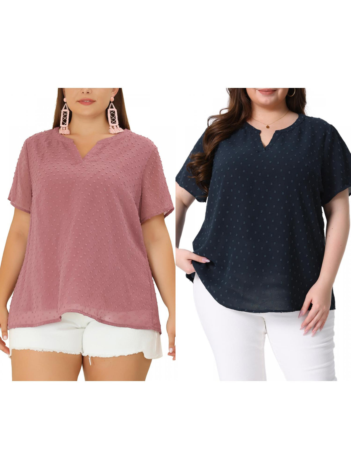 [PACK SALES] Women's Plus Size 2 Pieces Summer Pin Dots Short Sleeve Notched Neck Blouse