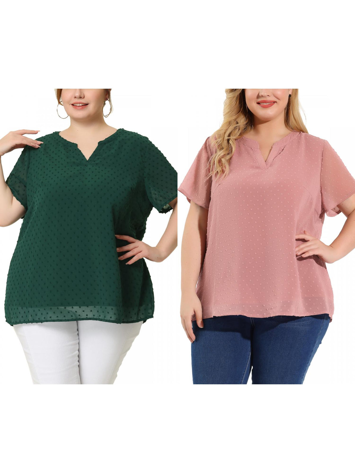 [PACK SALES] Women's Plus Size 2 Pieces Summer Pin Dots Short Sleeve Notched Neck Blouse