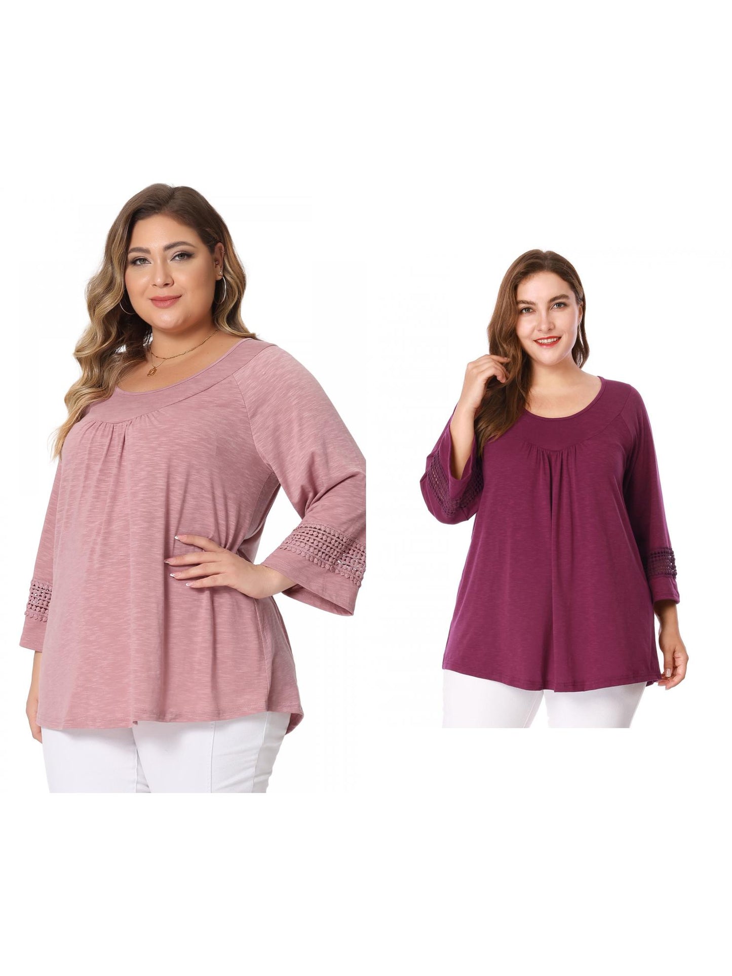 [PACK SALES] Women's Plus Size 2 Pieces Crochet Panel Tops Long Sleeve Hollow Ruched Front Blouses