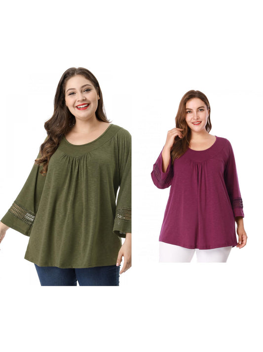 [PACK SALES] Women's Plus Size 2 Pieces Crochet Panel Tops Long Sleeve Hollow Ruched Front Pullovers