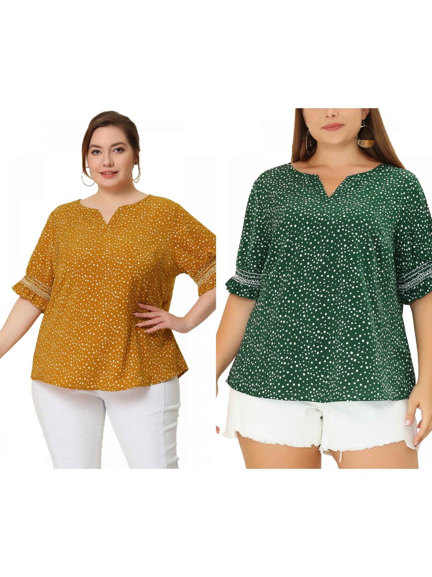 [PACK SALES] Women's Plus Size 2 Pieces Summer Pin Dots Ruffle Short Sleeve V Neck Blouses