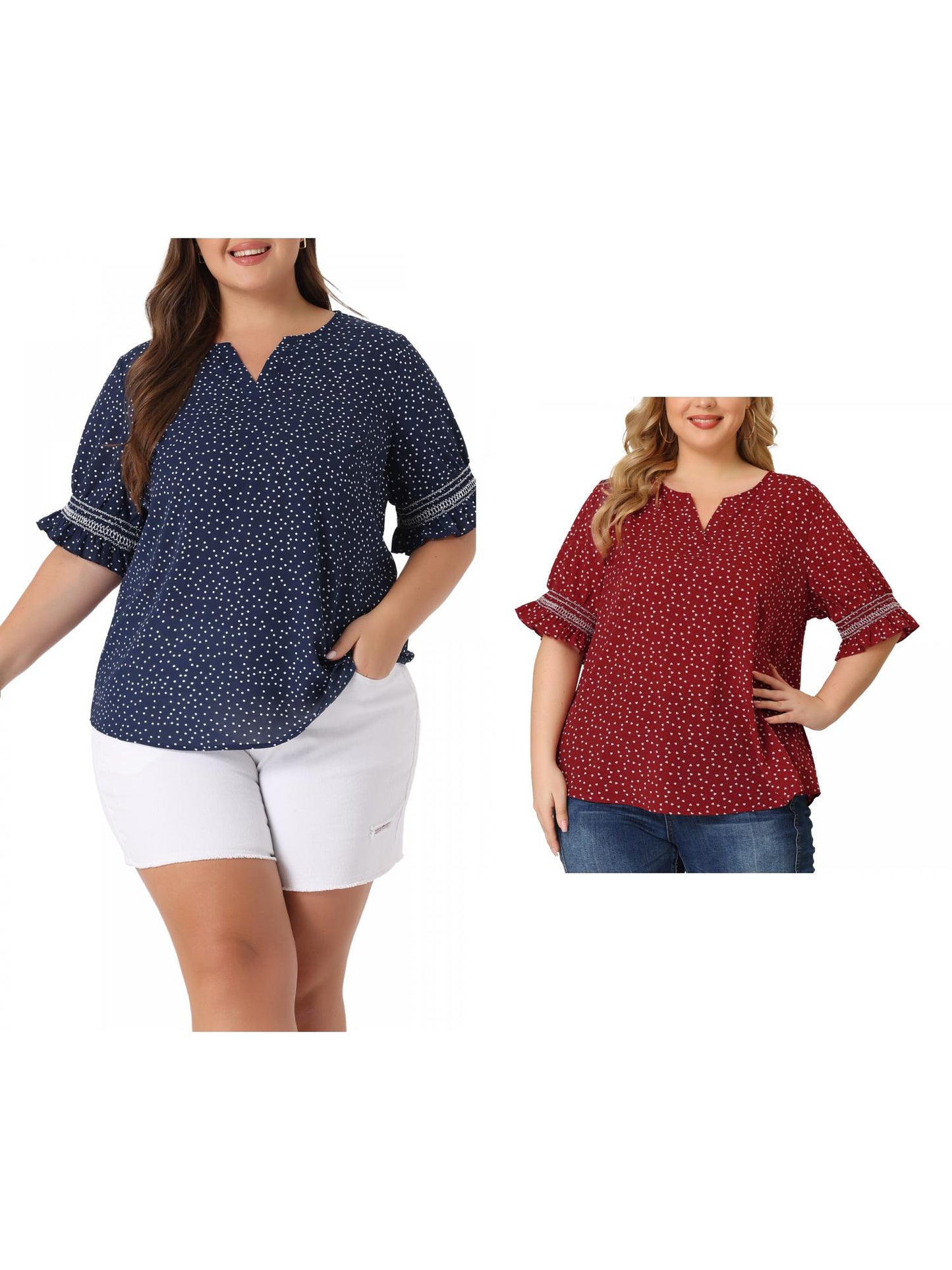 [PACK SALES] Women's Plus Size 2 Pieces Summer Pin Dots Ruffle Short Sleeve V Neck Blouses