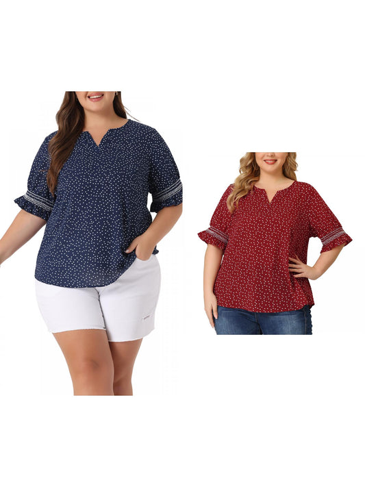 [PACK SALES] Women's Plus Size 2 Pieces Summer Pin Dots Ruffle Short Sleeve V Neck Blouses