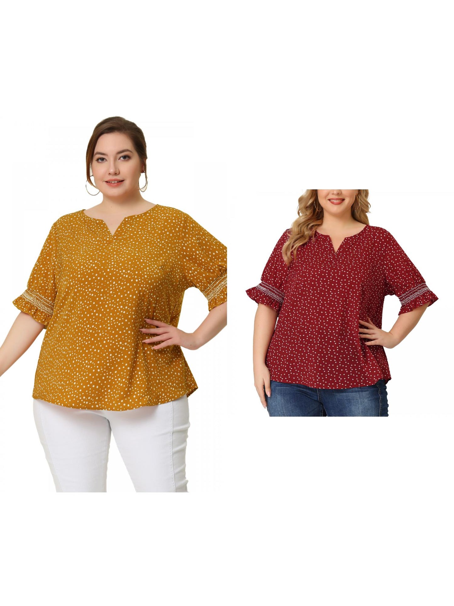 [PACK SALES] Women's Plus Size 2 Pieces Summer Pin Dots Ruffle Short Sleeve V Neck Blouses