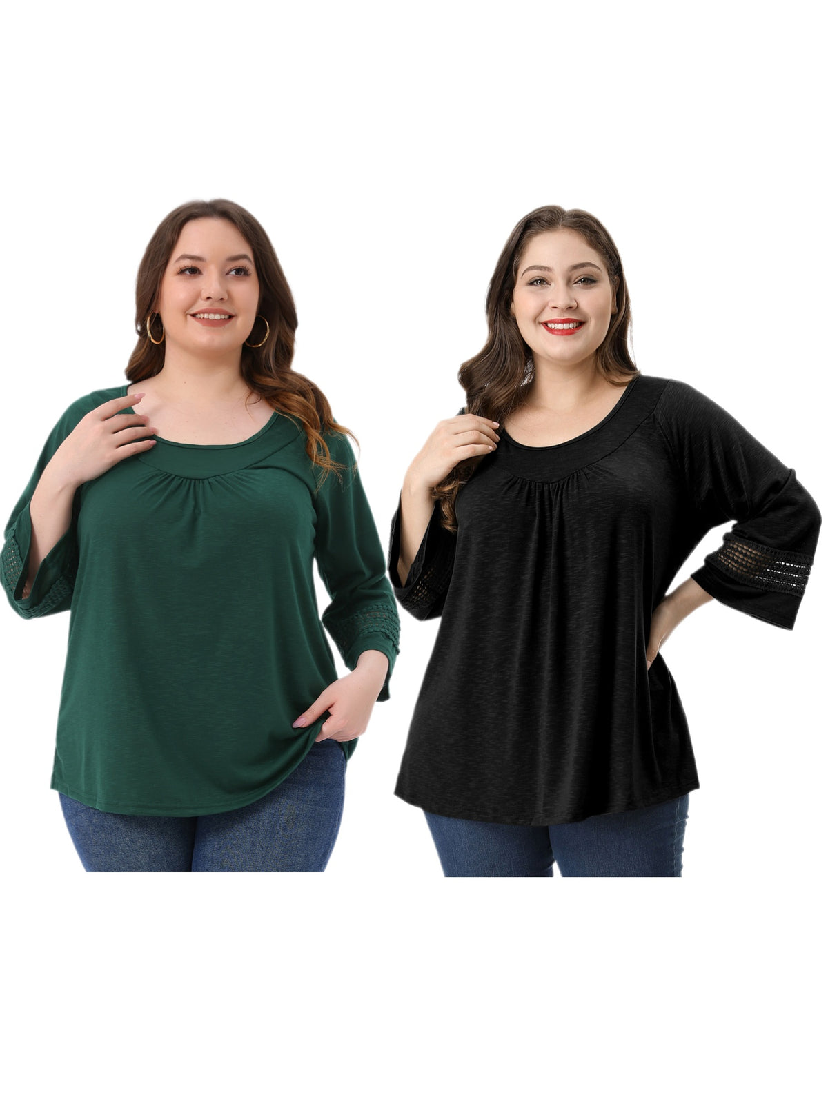 [PACK SALES] Women's Plus Size 2 Pieces Crochet Panel Tops Long Sleeve Hollow Ruched Front Pullovers