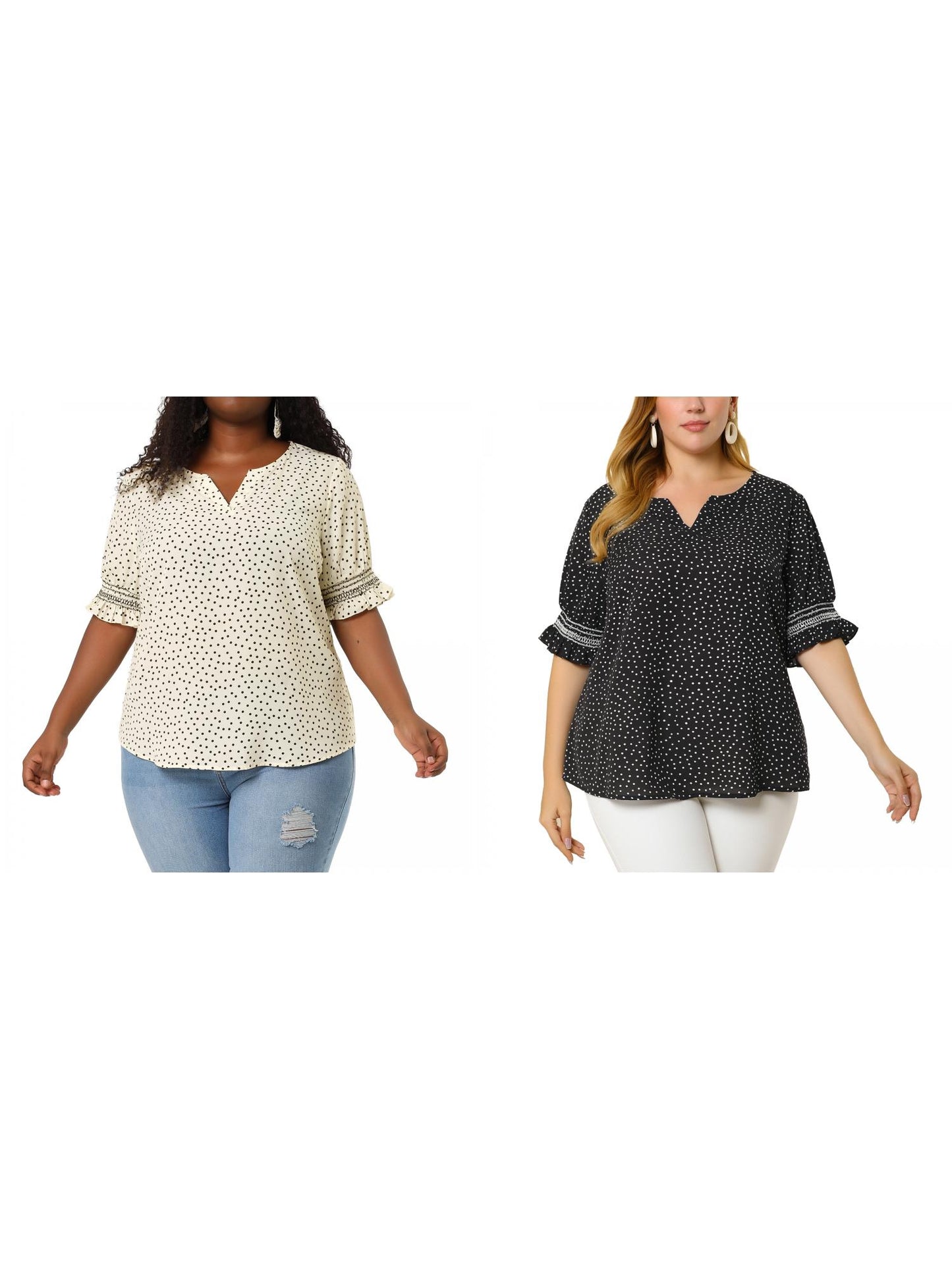 [PACK SALES] Women's Plus Size 2 Pieces Summer Pin Dots Ruffle Short Sleeve V Neck Blouses