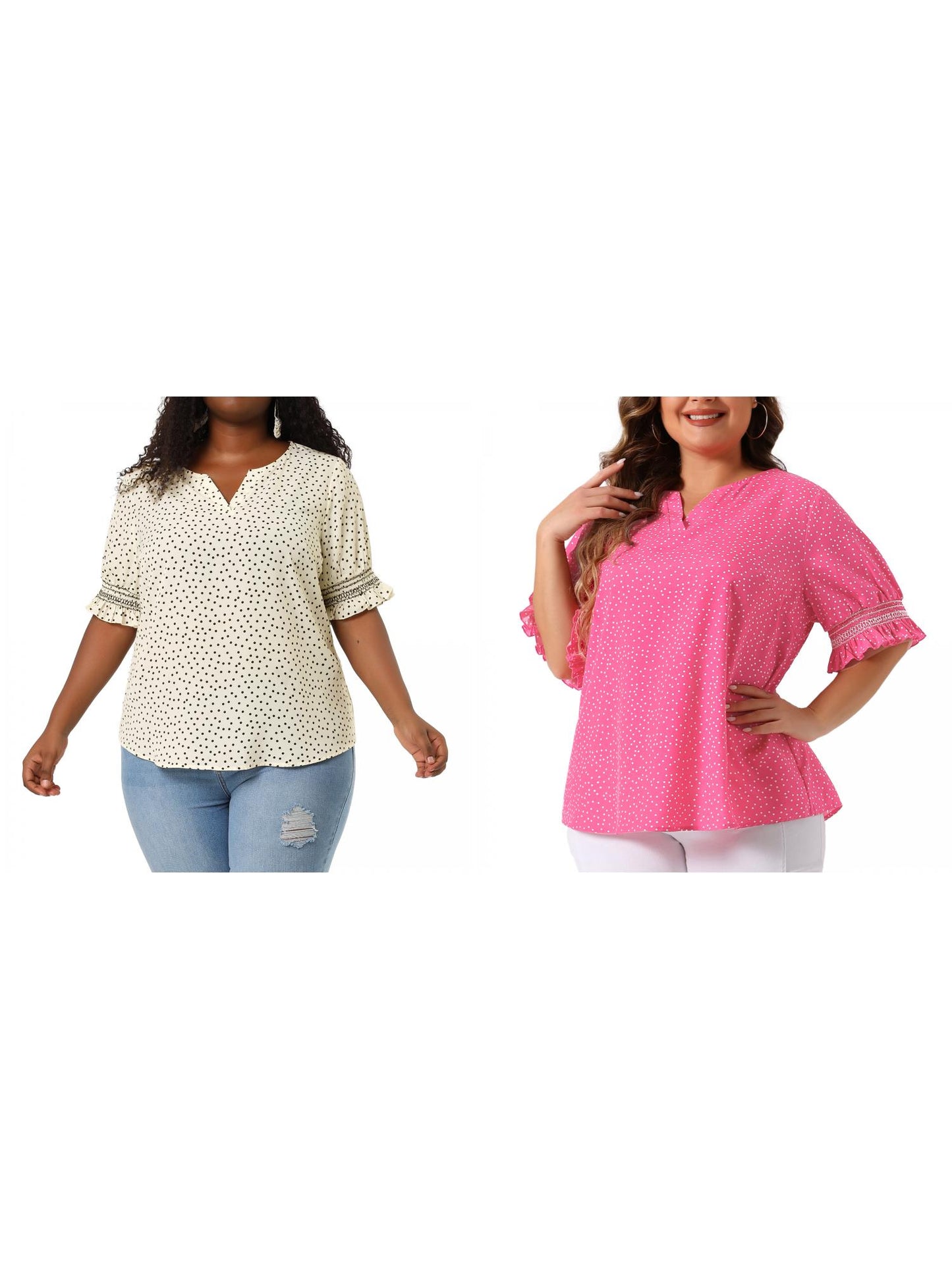 [PACK SALES] Women's Plus Size 2 Pieces Summer Pin Dots Ruffle Short Sleeve V Neck Blouses