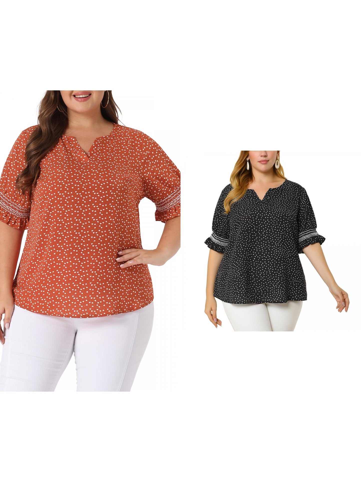 [PACK SALES] Women's Plus Size 2 Pieces Summer Pin Dots Ruffle Short Sleeve V Neck Blouses