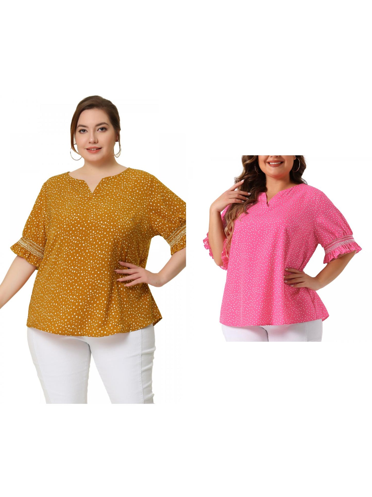 [PACK SALES] Women's Plus Size 2 Pieces Summer Pin Dots Ruffle Short Sleeve V Neck Blouses