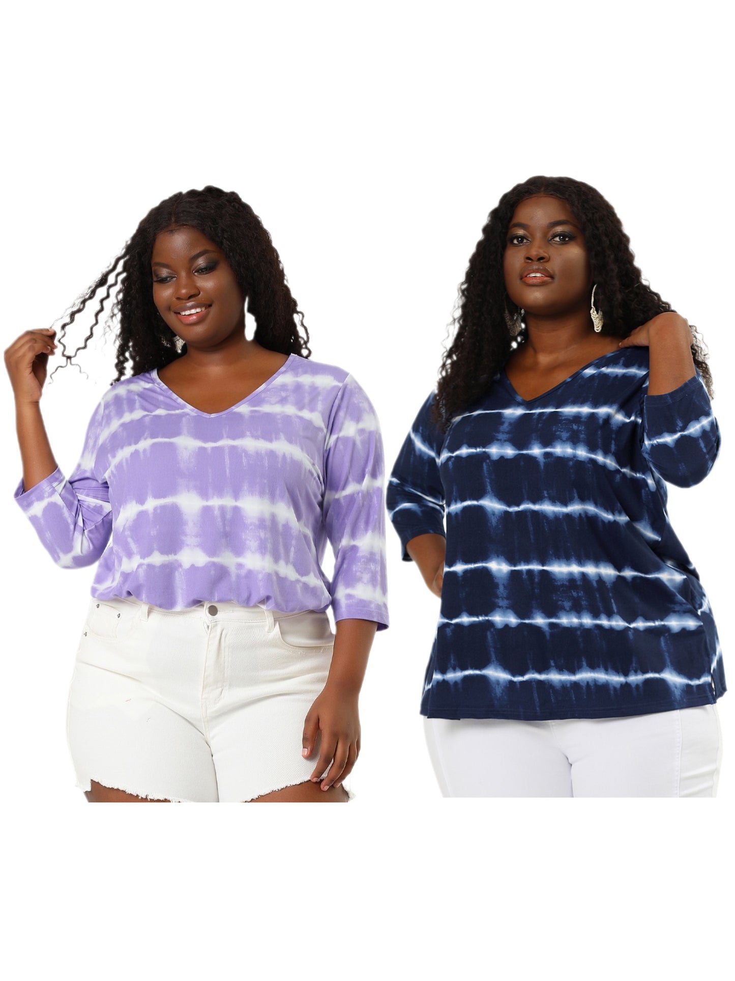 [PACK SALES] Women's Plus Size 2 Piece Tye Dye T-shirt Side Slit Casual Stripe V Neck 3/4 Sleeve Tunic Top