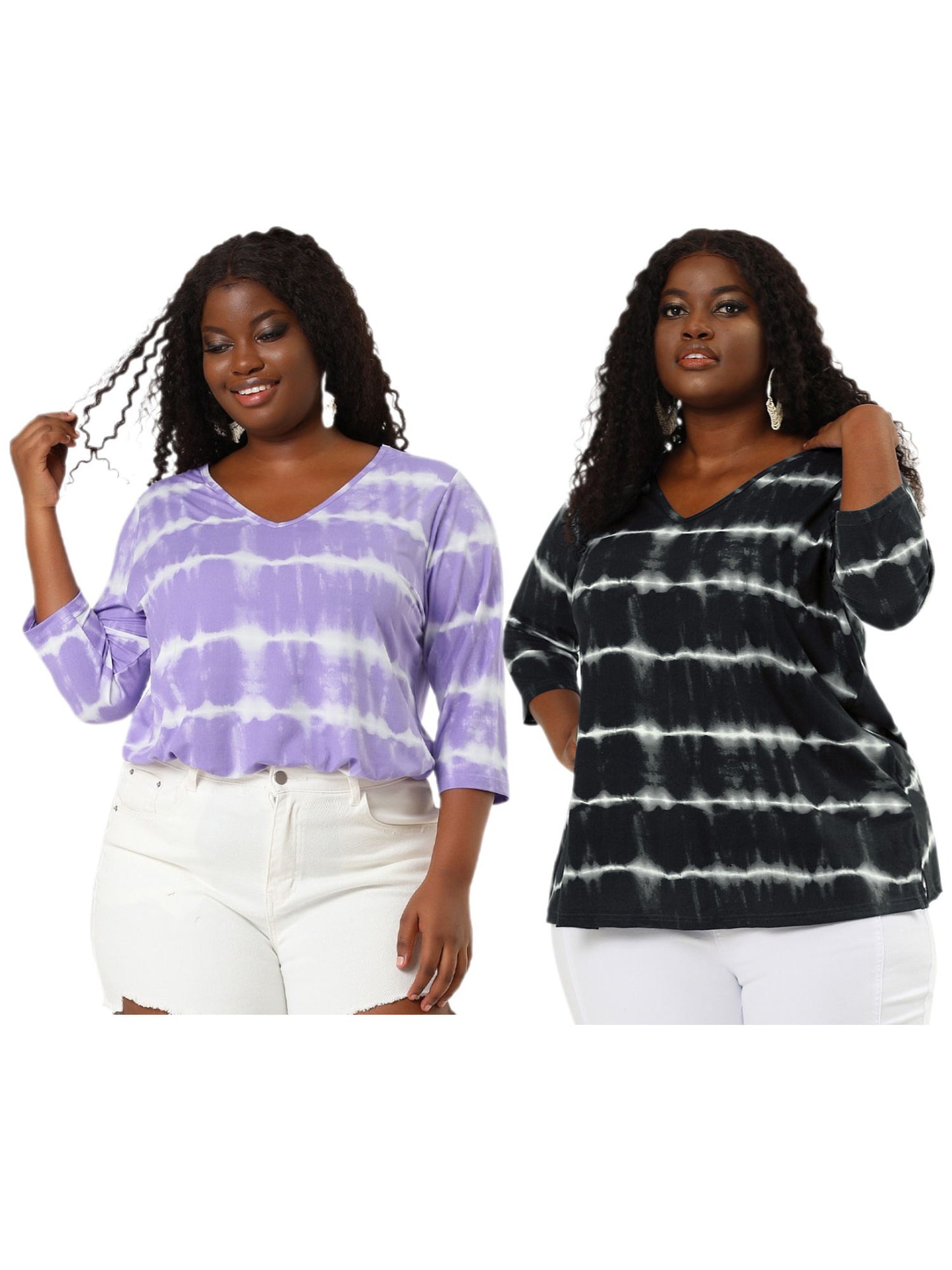 [PACK SALES] Women's Plus Size 2 Piece Tye Dye T-shirt Side Slit Casual Stripe V Neck 3/4 Sleeve Tunic Top