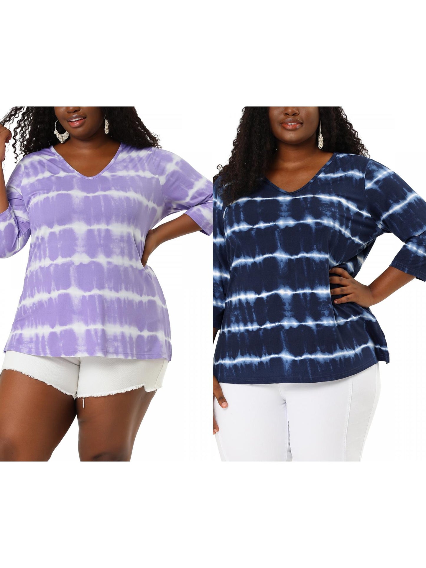 [PACK SALES] Women's Plus Size 2 Piece Tye Dye T-shirt Side Slit Casual Stripe V Neck 3/4 Sleeve Tunic Top