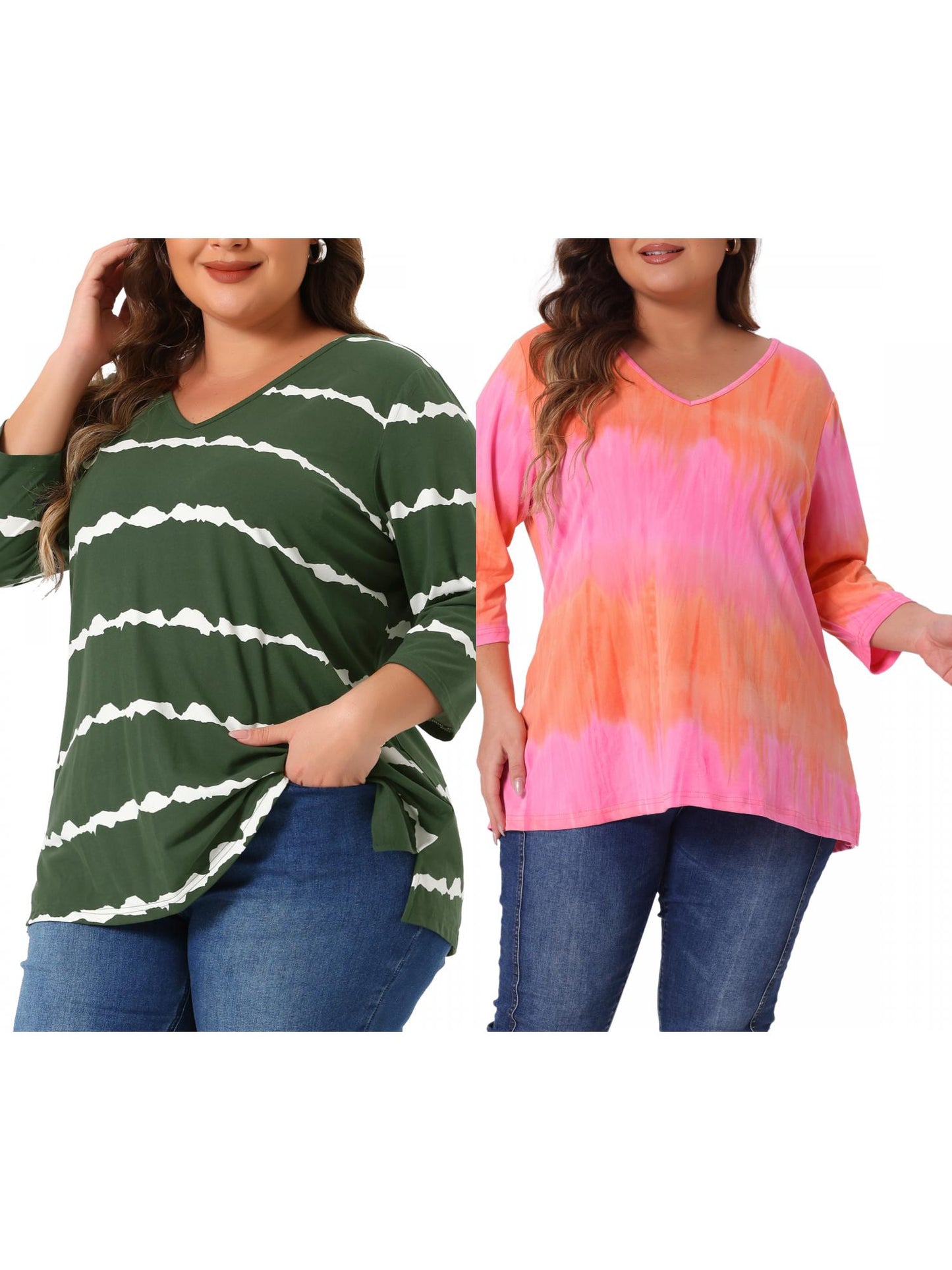[PACK SALES] Women's Plus Size 2 Piece Tye Dye T-shirt Side Slit Casual Stripe V Neck 3/4 Sleeve Tunic Top