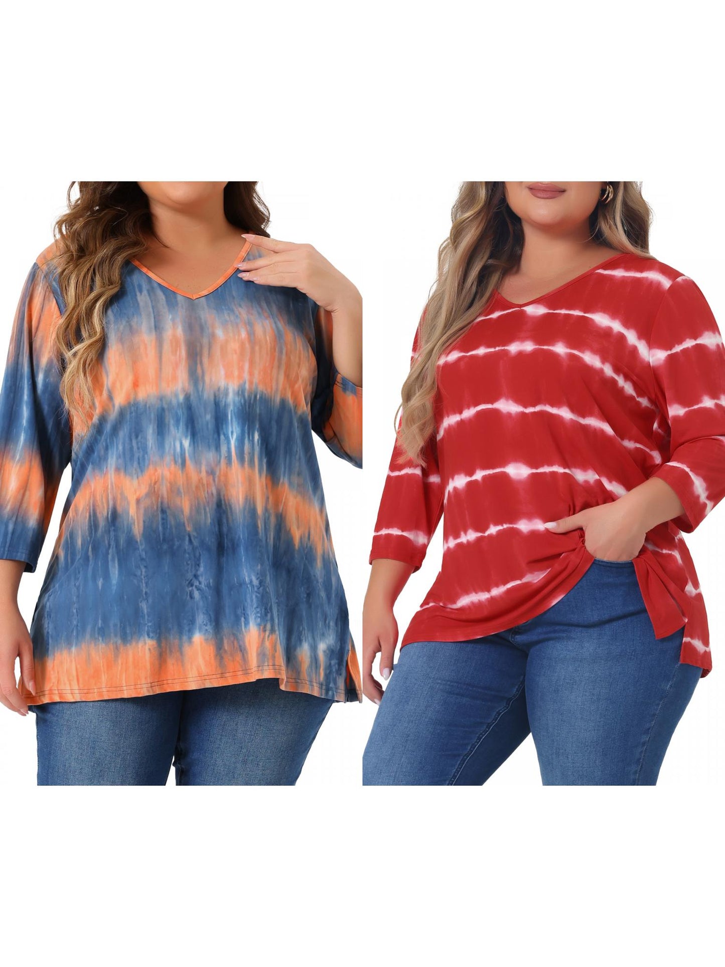 [PACK SALES] Women's Plus Size 2 Piece Tye Dye T-shirt Side Slit Casual Stripe V Neck 3/4 Sleeve Tunic Top