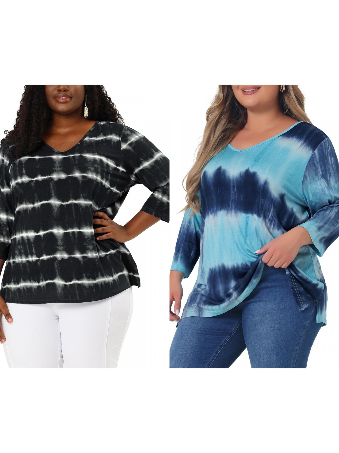 [PACK SALES] Women's Plus Size 2 Piece Tye Dye T-shirt Side Slit Casual Stripe V Neck 3/4 Sleeve Tunic Top
