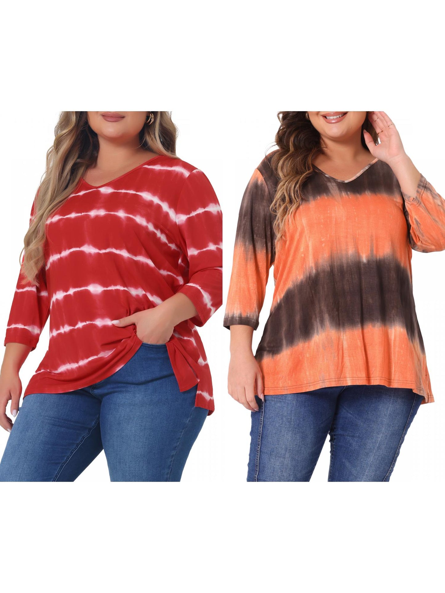[PACK SALES] Women's Plus Size 2 Piece Tye Dye T-shirt Side Slit Casual Stripe V Neck 3/4 Sleeve Tunic Top