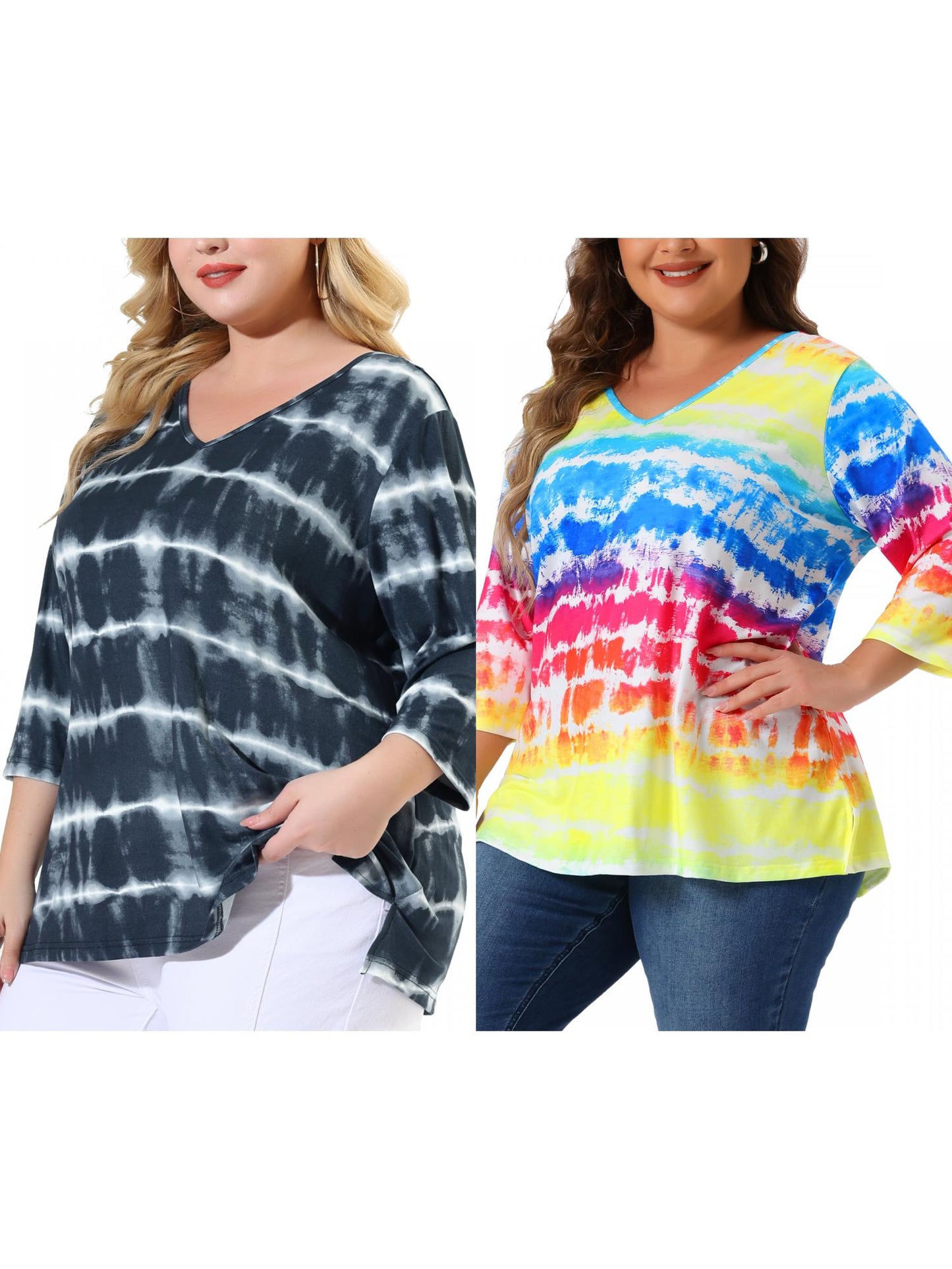 [PACK SALES] Women's Plus Size 2 Piece Tye Dye T-shirt Side Slit Casual Stripe V Neck 3/4 Sleeve Tunic Top